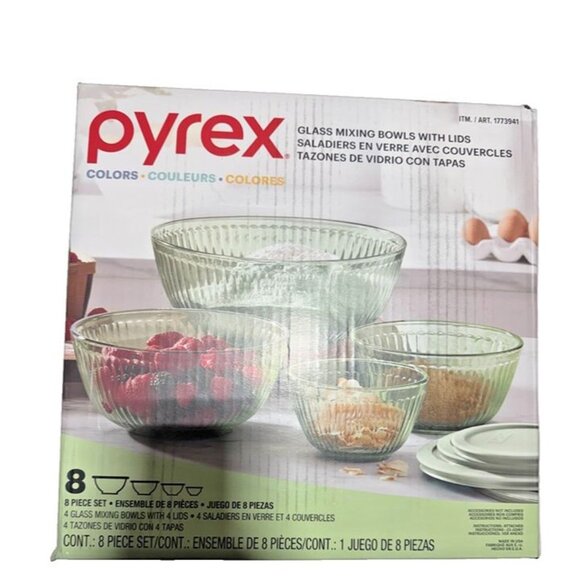 Pyrex Round Colored Glass Mixing Bowl With Lids 8 Piece Set - Picture 1 of 4
